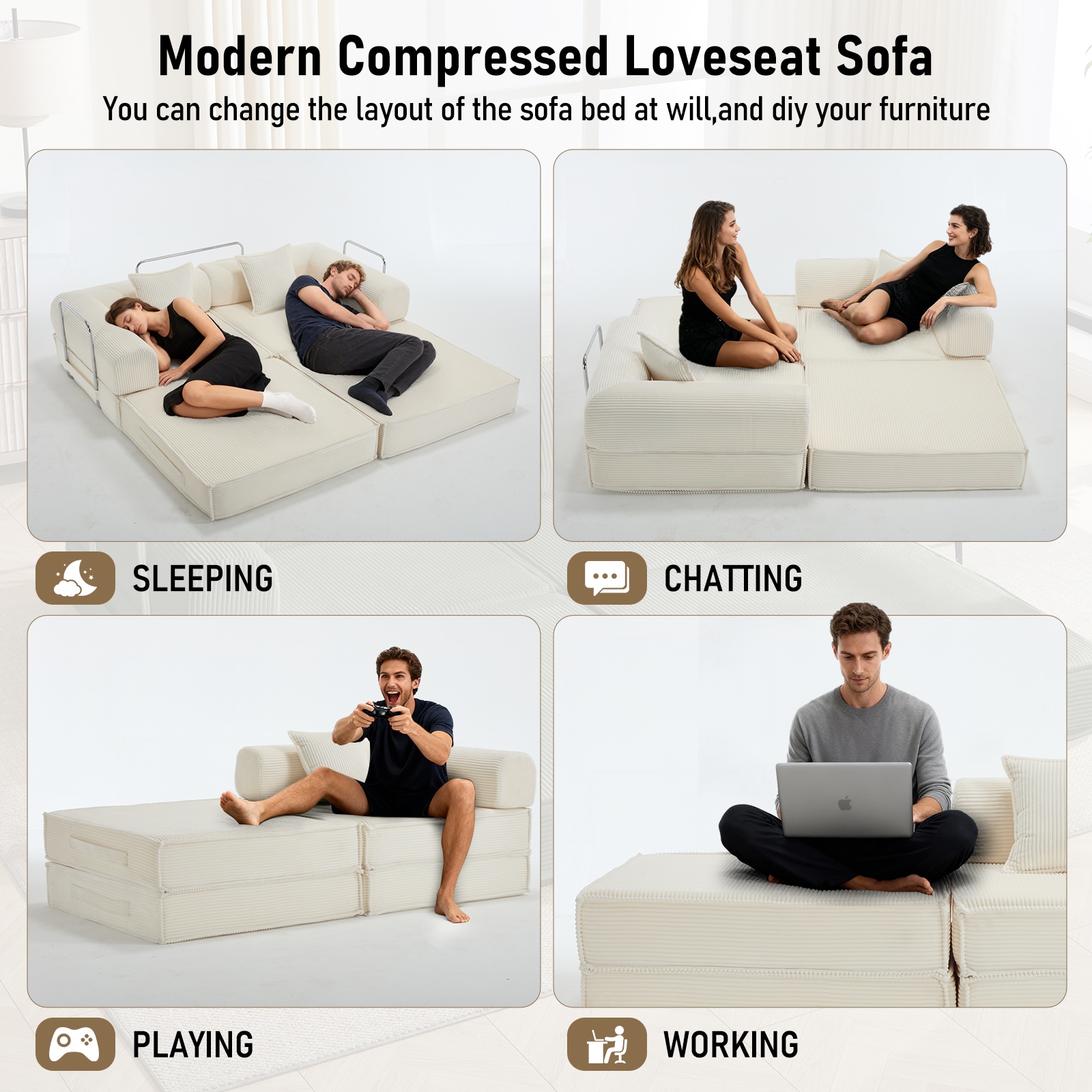 Convertible Sleeper Sofa Bed In Beige With Corduroy Fabric_voghion.com